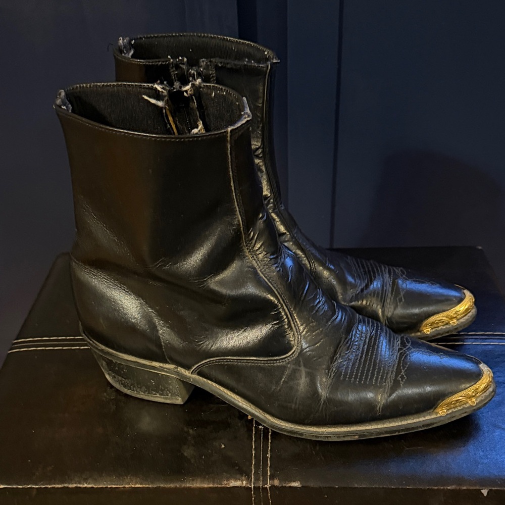 Black Leather Ankle Boots with Gold Toe Caps
